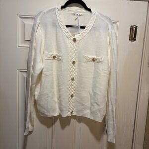 GRACE Karin Cream Cable Knit Cardigan Gold Button Embellished Cozy 
Dressy XL